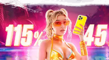 Image of a woman in a gold outfit holding a phone, symbolizing the weekly bonus at Vulkan Platinum Casino with highlighted percentage and free spin offers.