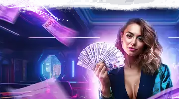 Image of a woman holding a fan of money bills, symbolizing the cashback bonus at Vulkan Platinum Internet-casino.