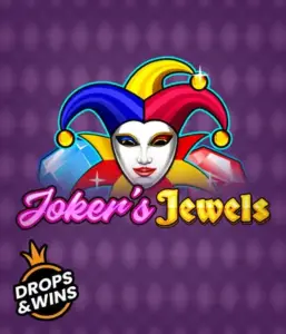 Experience the playful charm of Joker's Jewels slot by Pragmatic Play, highlighting a captivating joker's mask decorated with a vivid jester hat. This graphic captures the light-hearted fun of traditional joker games, set against a deep purple background. Great for those who love classic slot games, offering a thrilling play experience. 