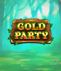 Step into the magical forest of Gold Party slot by Pragmatic Play, highlighting a rustically styled wooden sign decorated with golden letters. The setting is a green forest which adds a sense of mystery to the slot's theme. Perfect for players who love nature-themed slots, providing a captivating escape. 